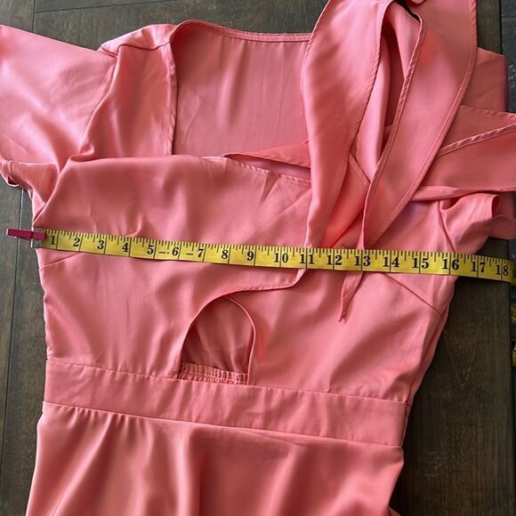 Satin V Neck Ruffle Short Sleeve Tie Front High Waist Midi A-Line Long D… - Picture 9 of 13